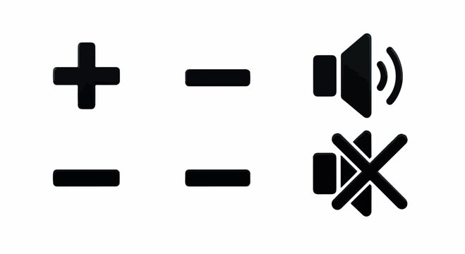 Volume control icon set with plus and minus and loudspeaker symbols for increase, decrease and mute in a clean style