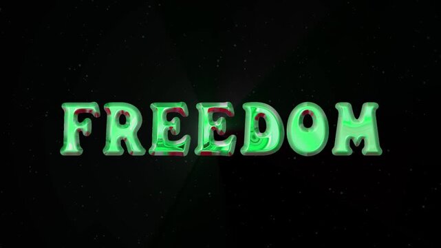 Freedom text animation. 3d render green chrome text animation. Perfect for background visuals, motion graphics, branding, greetings, business, services, wallpapers, and digital design projects.