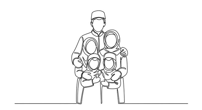 Continuous Line Drawing of Muslim Family Portrait.