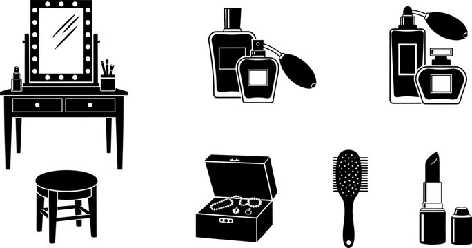 Beauty and makeup essentials icons including vanity table, lipstick, eps.