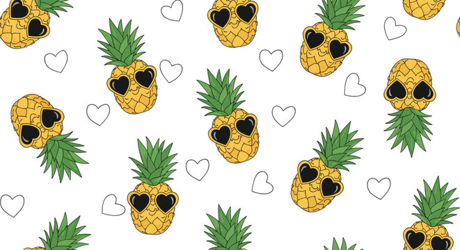 Fun tropical seamless pattern with cute pineapples wearing heart shaped sunglasses on a white background for fabric.
