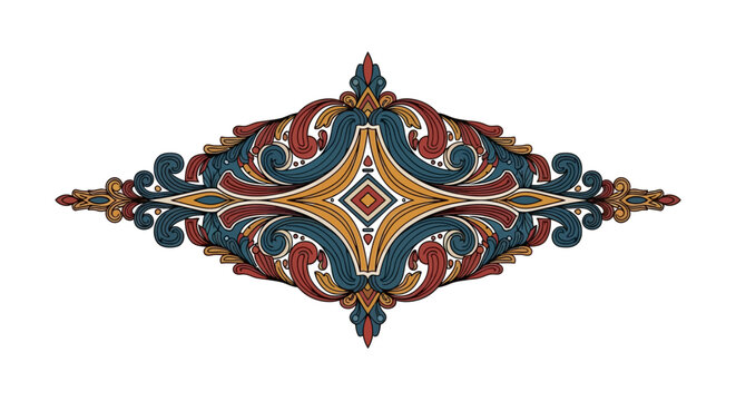 Ornate floral flourish with red, blue, and yellow colors