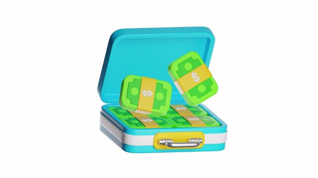 3d looping ui icon blue open suitcase with money stacks suitable for financial concepts, savings, investments, travel funds, and wealth management visuals.