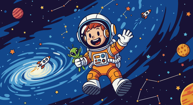 Happy cartoon child astronaut floating in outer space with a cute alien friend