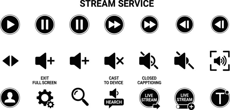 Streaming service icon set with media controls and common functions eps.