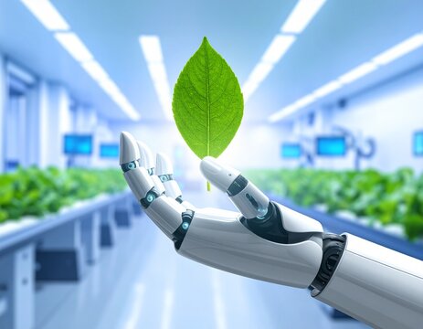A robotic hand gently holds a fresh green leaf in a modern indoor vertical farm, symbolizing sustainable technology and future agriculture.