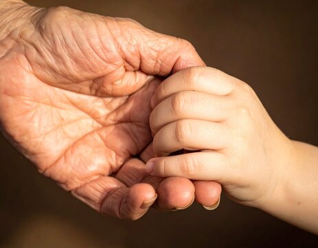 An elderly person's wrinkled hand gently holding a young child's small hand, symbolizing connection and care between generations.