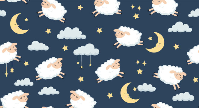 Dreamy seamless pattern with cute white sheep jumping over clouds and moons in a dark blue starry night sky background.