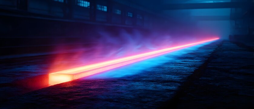 Industrial glowing steel billet moving through manufacturing facility with cinematic blue and red lighting.