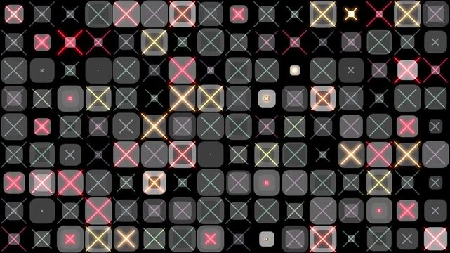 2d animation with small cubes or squares in grid with retro 80s or 90s color palette. Vintage look for nostalgical title backdrop