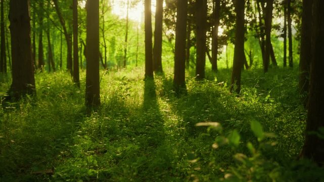 Sunlit Forest with Tree Shadows on Lush Grass
