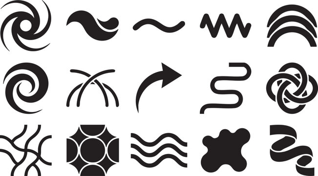 Abstract Black Swirls and Waves Vector Icon Set, dynamic graphic elements for modern design, fluid shapes and curved lines, versatile collection of motion and flow symbols
