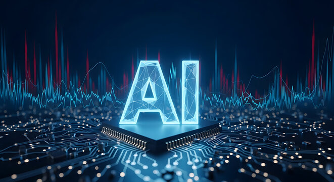 A glowing blue AI logo on a microchip surrounded by vibrant circuit board patterns and waveform graphics in the background