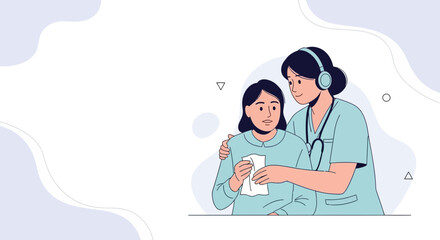 Obraz premium Nurse comforting distressed patient with headphones, mental health support concept