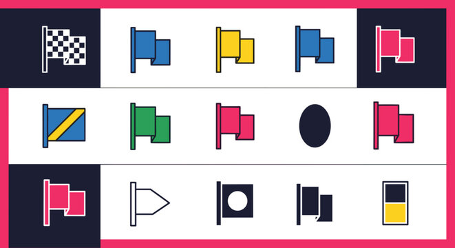 Colorful Map Marker and Racing Flag Flat Outline Icon Set