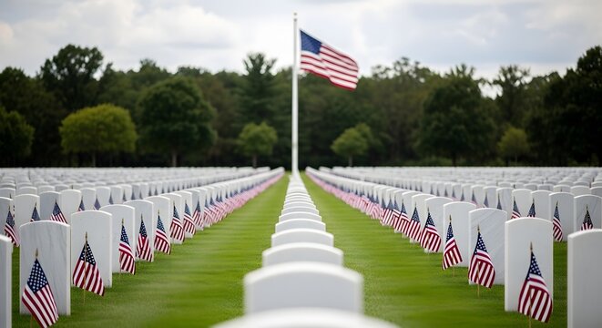 Rows of white headstones at arlington national cemetery with american flags