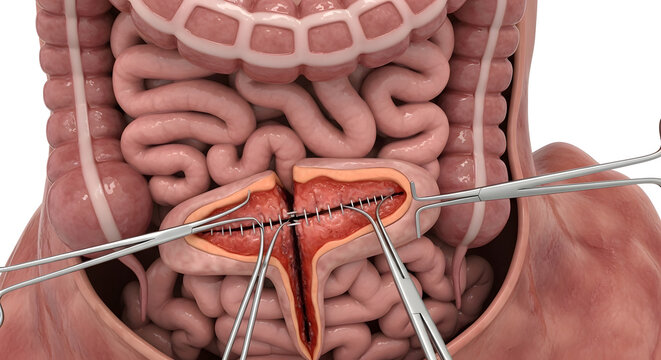Intestinal Surgery Anastomosis With Sutures and Surgical Instruments During Open Abdominal Procedure

