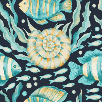 Whimsical Watercolor Sea Tropical Fish Nautilus Shell Seaweed Marine Seamless Summer Pattern Hawaiian Background
