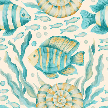 Tropical Fish Nautilus Shell  Whimsical Watercolor Sea Marine Seamless Summer Pattern Background 
