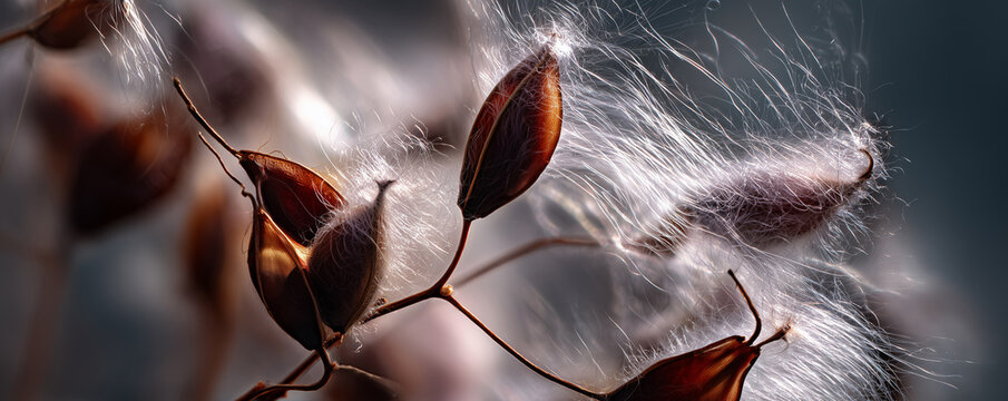 Seeds of a plant float in the air during a sunny day in a garden, showing natural movement and growth capturing the moment of dispersal
