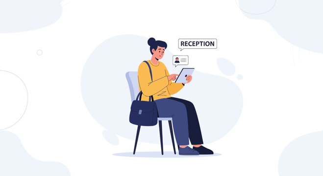 Person sitting in waiting room using tablet, checking in at reception