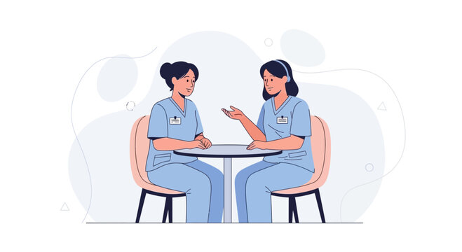 Two nurses in blue scrubs talking at a table, medical conversation