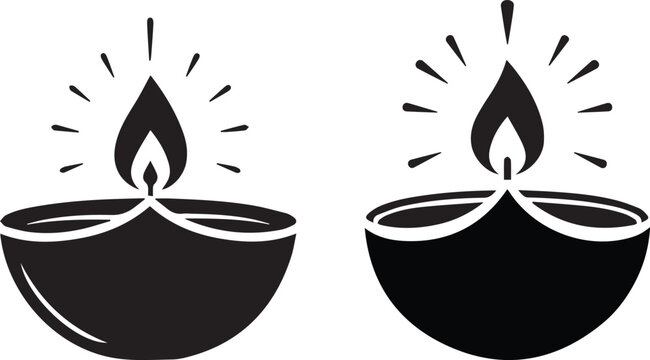 diya silhouette set, oil lamp flame icon, black vector diwali illustration .

