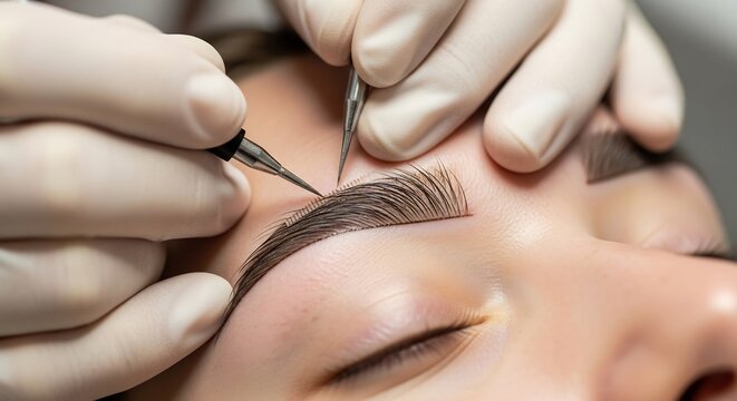 Close-up of a professional applying permanent makeup to eyebrows using a microblading tool.