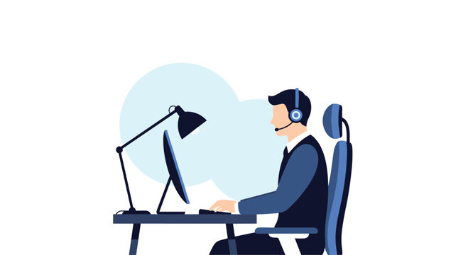 Male customer service representative wearing a headset and working at a desk with a computer, representing telemarketing and online support.