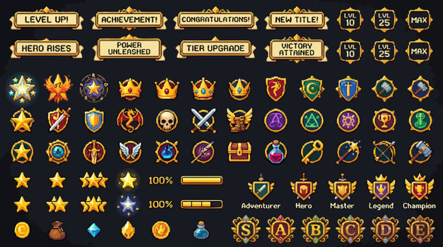 Pixel art game asset pack featuring achievements, rewards, emblems, icons, and badges for game development
