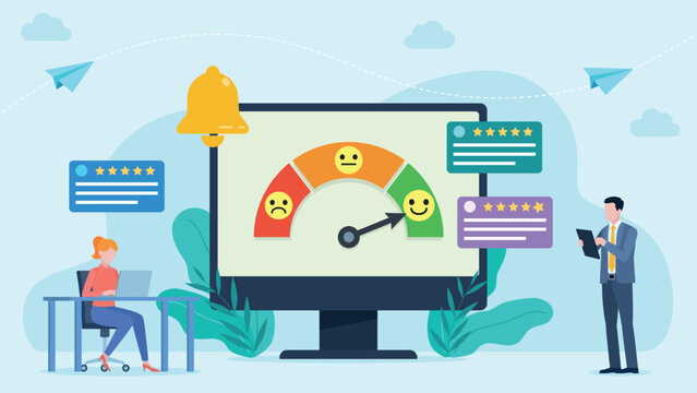 Vector illustration of a customer satisfaction survey. A satisfaction meter appears on the monitor screen. Tiles with user comments and star ratings are visible around the screen. Two employees.