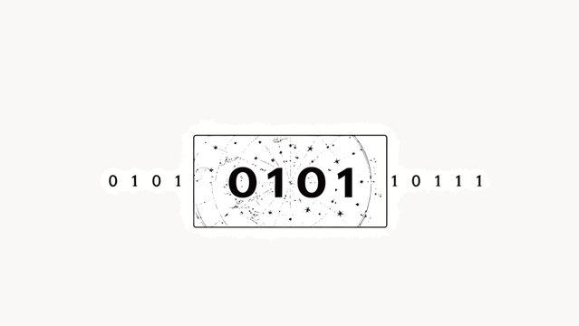 Minimalist Black-On-Off-White Artwork: Centered Celestial Star Chart Frame With Bold Binary 0101, Flanked By Binary Digit Strings, Clean Calm Digital Tech Aesthetic