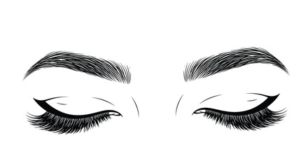 Fototapeta premium Minimalist black and white line art illustration of closed human eyes with long thick eyelashes and perfectly shaped eyebrows.