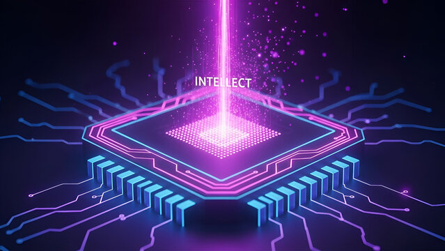 futuristic ai chip with glowing intellect neon circuit brain technology concept