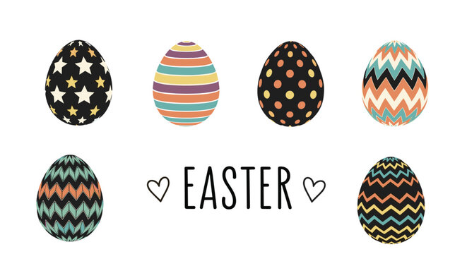 Decorative set of six colorful easter eggs with various patterns and heart icons next to the word easter on white background.