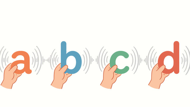 Warm Soft Hand-Drawn Illustration of Hands Holding Colorful Lowercase a b c d Letters With Sound Waves, Depicting Phonics Learning for Early Childhood Literacy