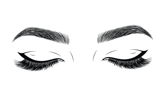 Minimalist black and white line art illustration of closed human eyes with long thick eyelashes and perfectly shaped eyebrows.