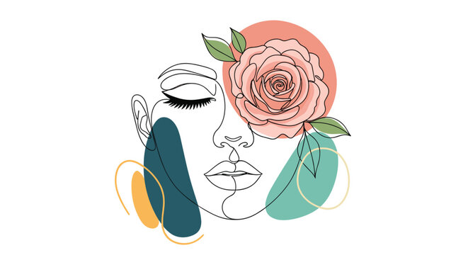 Artistic continuous line drawing of a woman face decorated with a large pink rose and abstract colorful shapes on white.