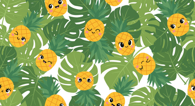 Vibrant seamless pattern of cute cartoon pineapples with happy faces mixed with lush green monstera tropical leaves.