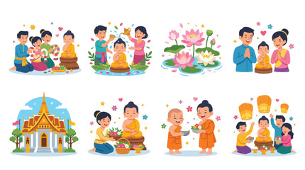 Fototapeta premium Collection of Buddhist festival stickers including monks, temple, lotus flowers, and sky lanterns.