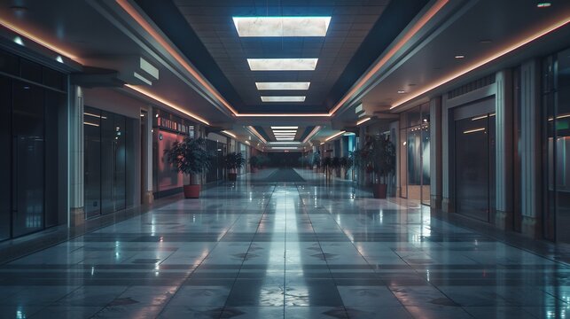 Serene corridor with a glossy marble floor showcasing contemporary architecture and symmetrical