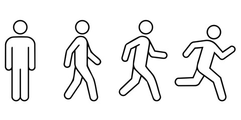 Fototapeta na wymiar Minimalist black and white line art stick figures showing the progression of movement: standing, walking, jogging, and running.