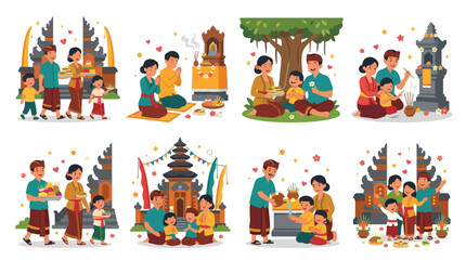 Fototapeta premium Set of cartoon stickers depicting Balinese Hindu religious ceremonies and traditional daily offerings.