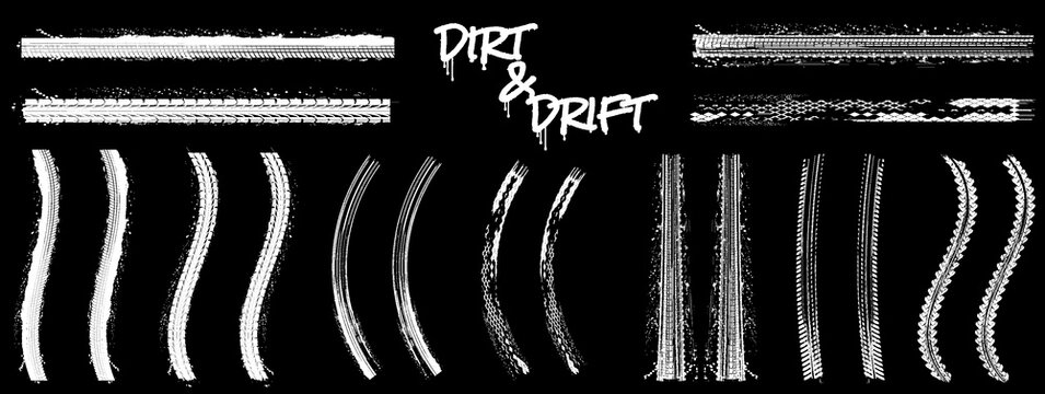 Grunge tire tracks collection. White dirty wheel tread prints and skid marks isolated on black background