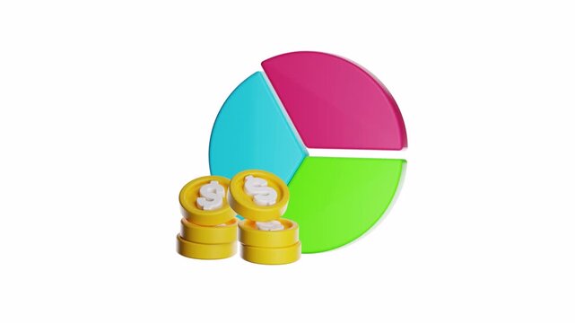 3d looping ui icon pie chart and stacks of coins on white background. Suitable for financial reports, budgeting articles, investment concepts, business presentations.