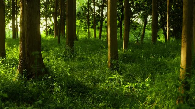 Lush Green Forest with Tall Trees and Grass