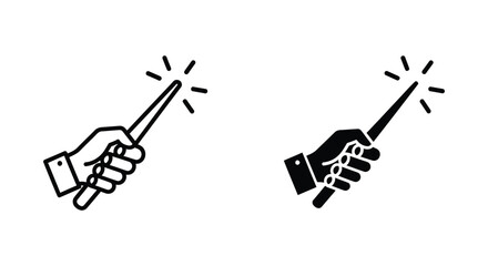 Hand holding a magic wand vector icons in outline and solid styles for creative solutions, wizardry, and magical transformations in digital design © Design Orbit
