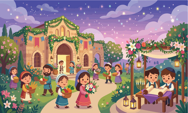 Cute cartoon of Jewish community celebrating Shavuot festival in front of a synagogue with floral decorations.