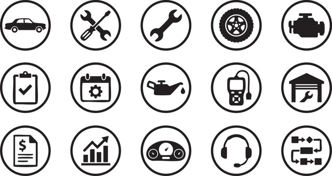 Automotive service and repair vector icon set, black and white car maintenance symbols, vehicle diagnostics and garage workshop graphic resources, professional auto industry illustrations