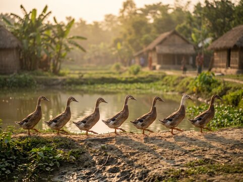 Row of Indian Runner Ducks (Anas platyrhynchos domesticus) walking by a village pond at sunset. Charming rural farm life scene with domestic waterfowl in a line, golden hour light.